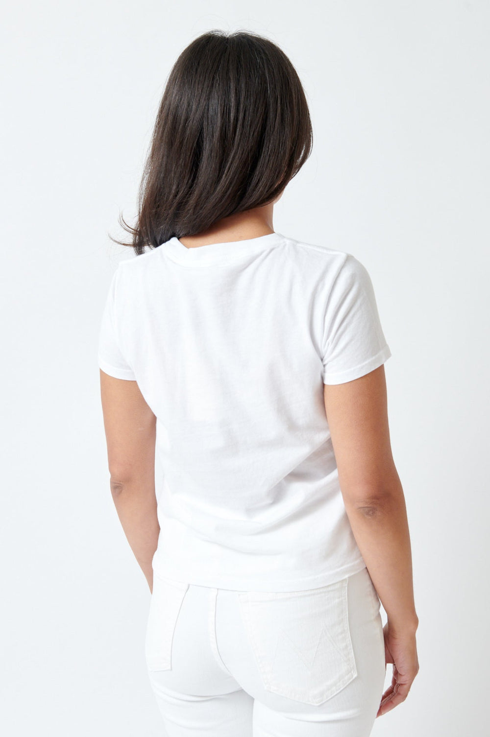 Amanda wearing Mother Denim The Lil Goodie Goodie rear view