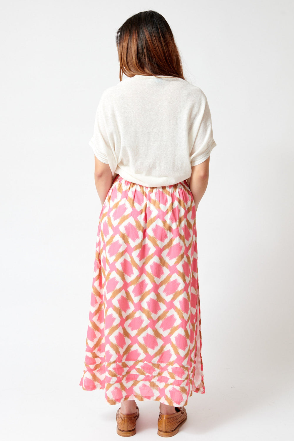 Maria wearing Lilla P Shirred Elastic Waist Skirt rear view