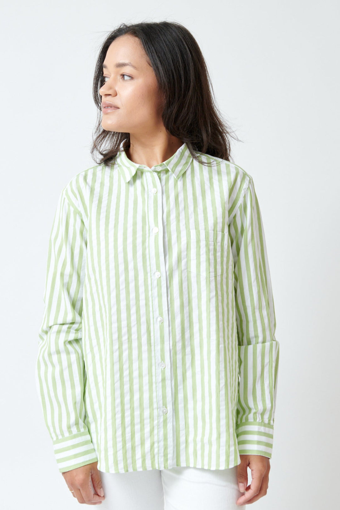 Amanda wearing Giangi Debby Single Pocket Boyfriend Shirt front view