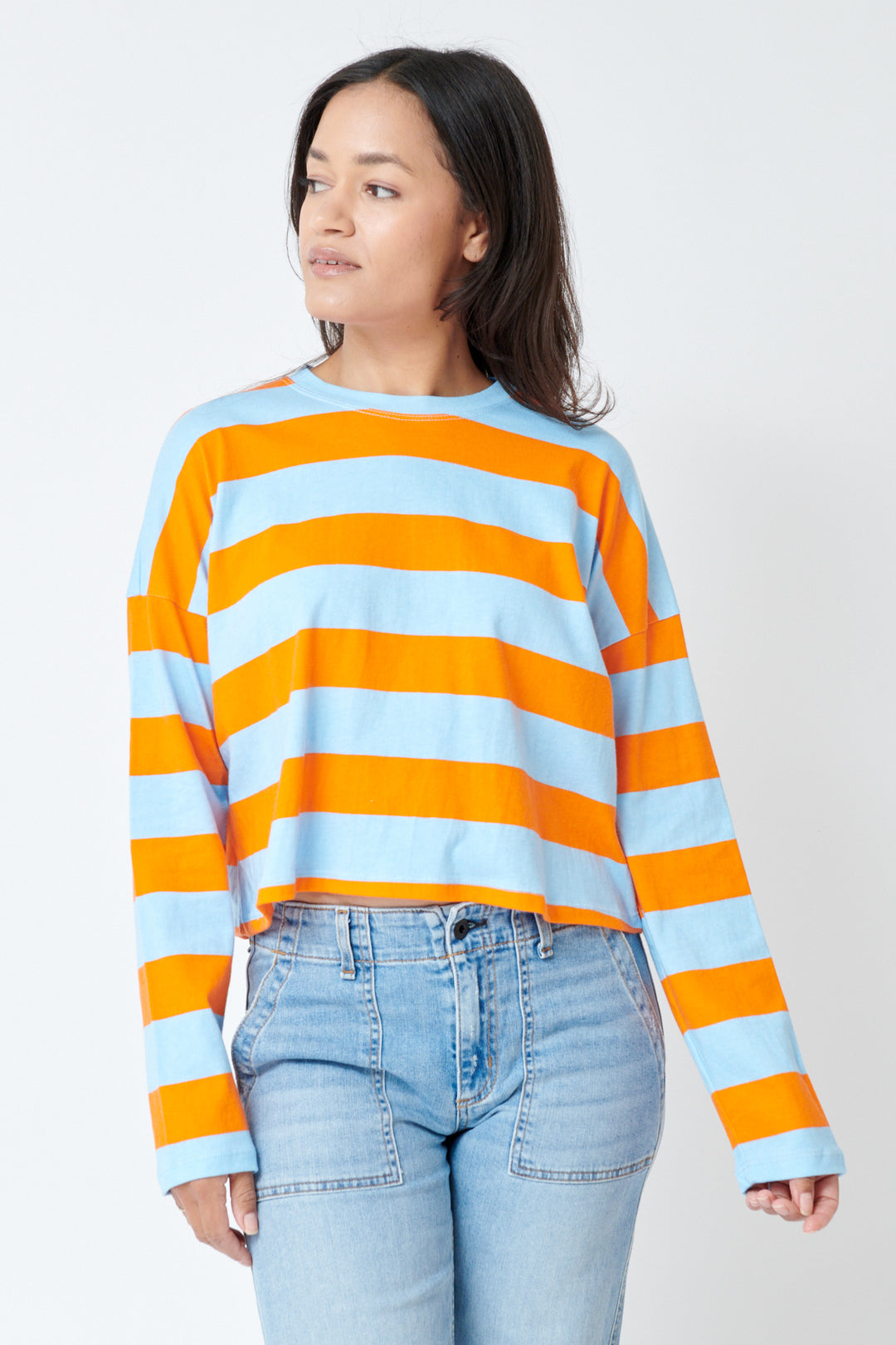 Amanda wearing ASKK NY Cropped Long Sleeve Stripe Tee front view