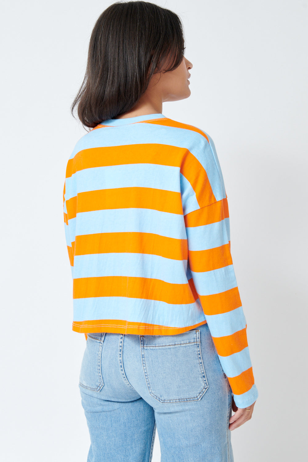 Amanda wearing ASKK NY Cropped Long Sleeve Stripe Tee rear view