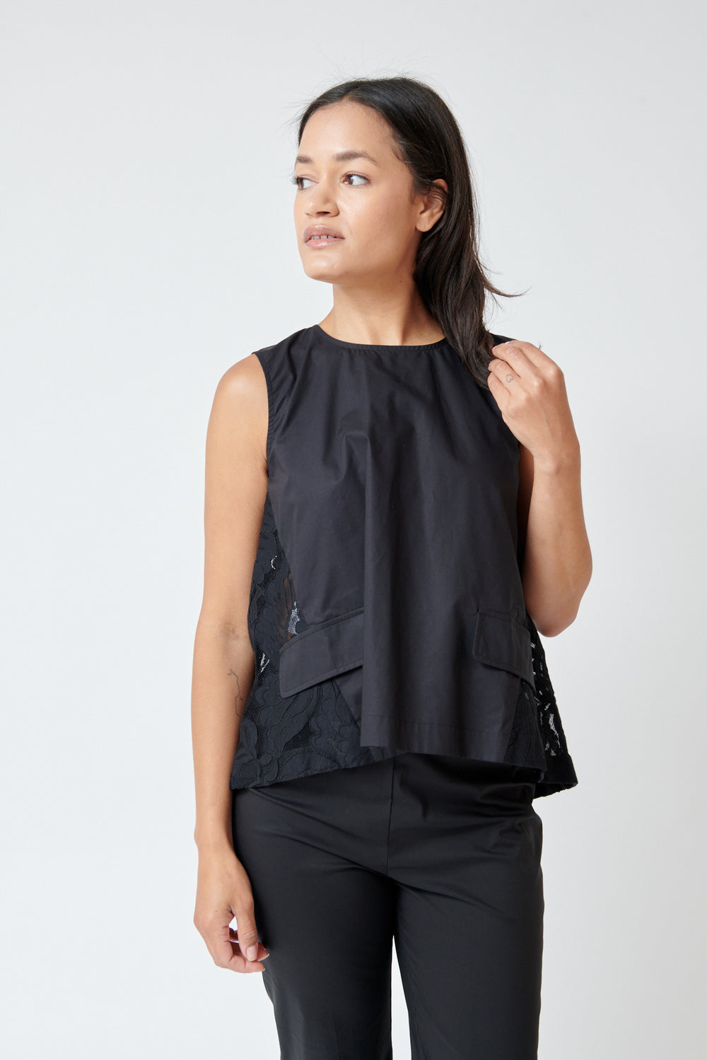 Amanda wearing Meimeij Inverted Pleat Lace Back Top front view
