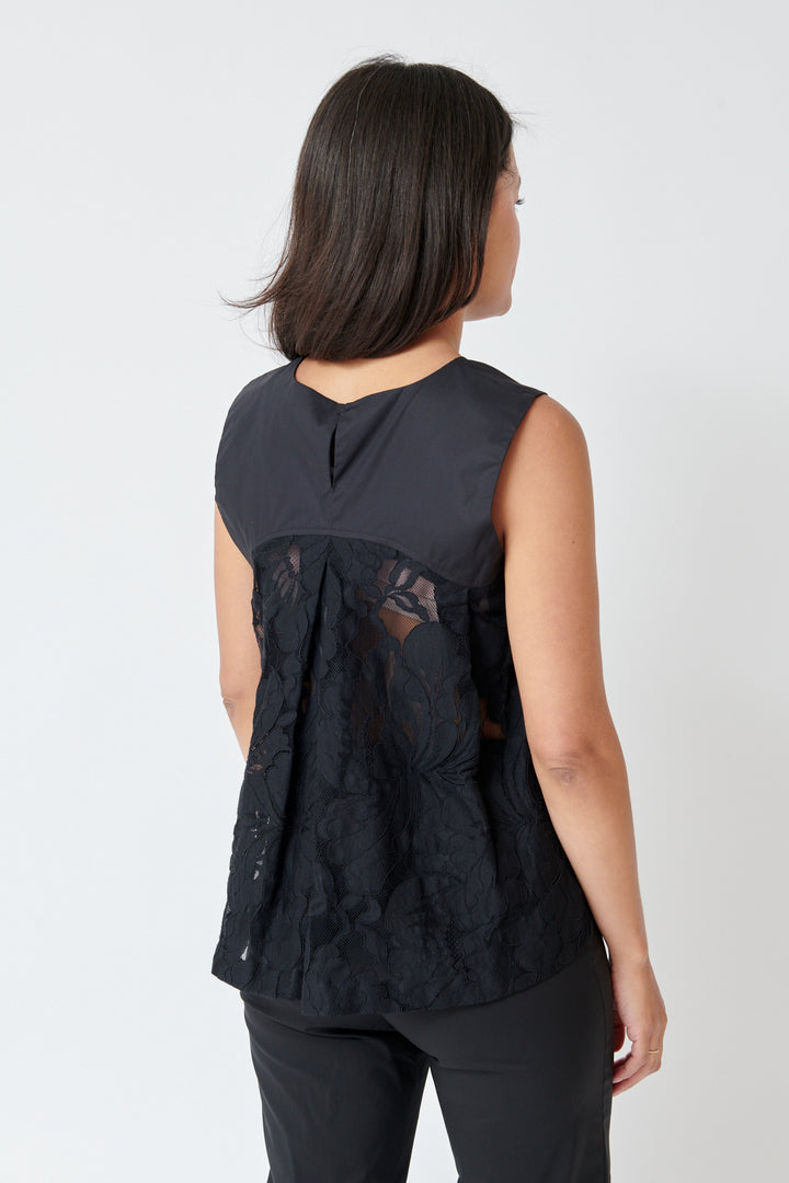 Amanda wearing Meimeij Inverted Pleat Lace Back Top rear view