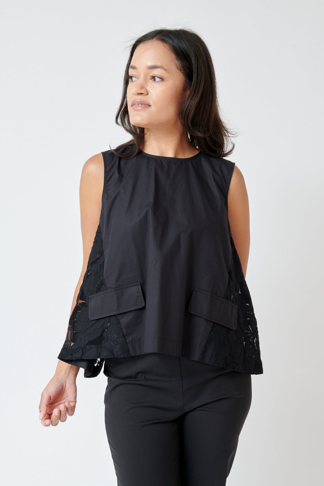 Amanda wearing Meimeij Inverted Pleat Lace Back Top front view