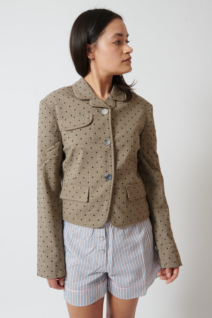 Amanda wearing Ganni Flock Check Suiting Blazer front view