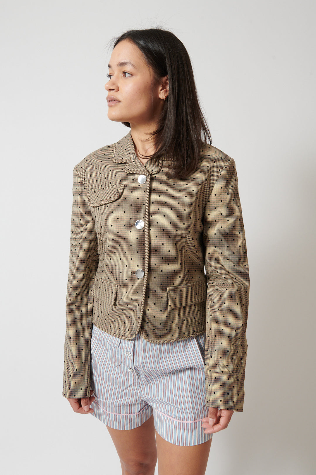 Amanda wearing Ganni Flock Check Suiting Blazer front view