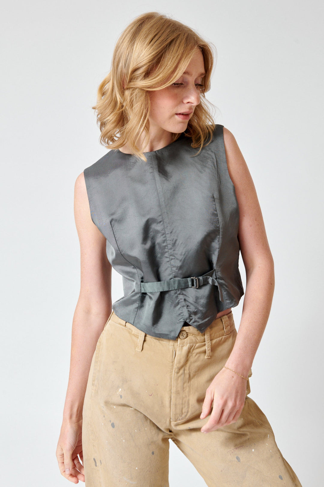 Madi wearing MM6 Maison Margiela Double Back Gilet Top front view