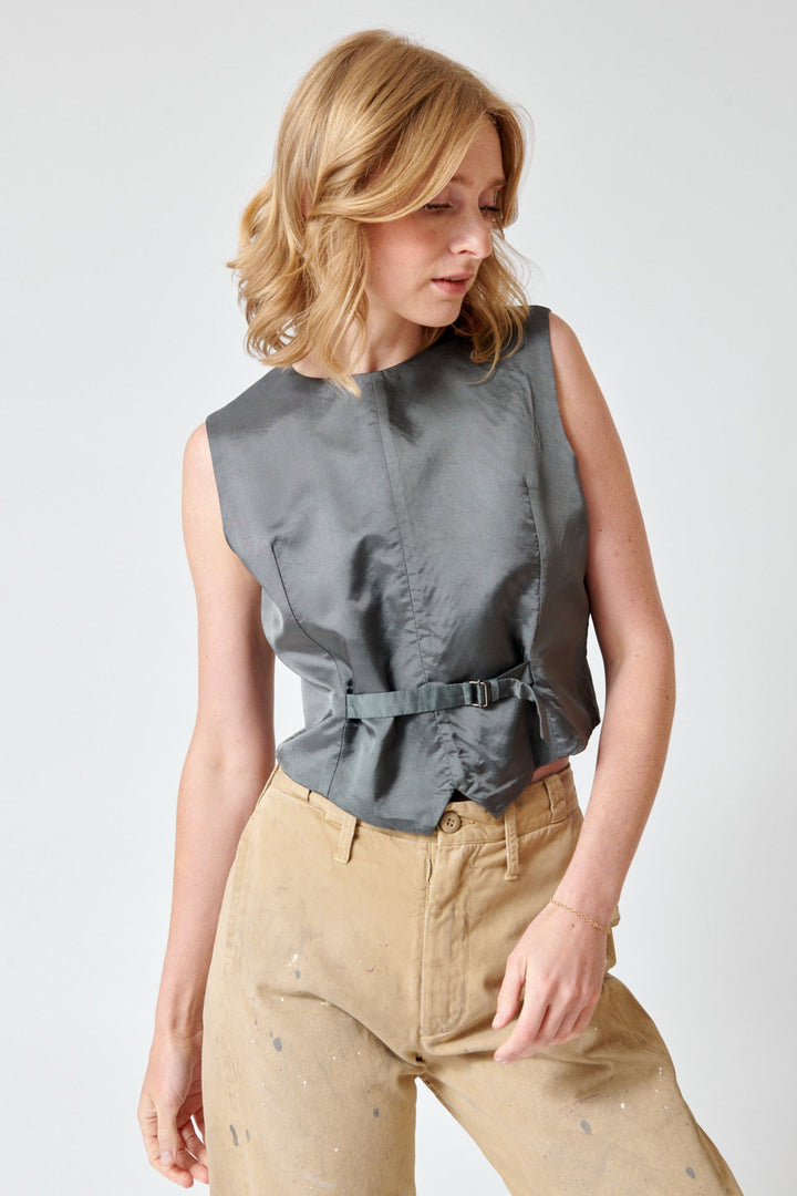 Madi wearing MM6 Maison Margiela Double Back Gilet Top front view