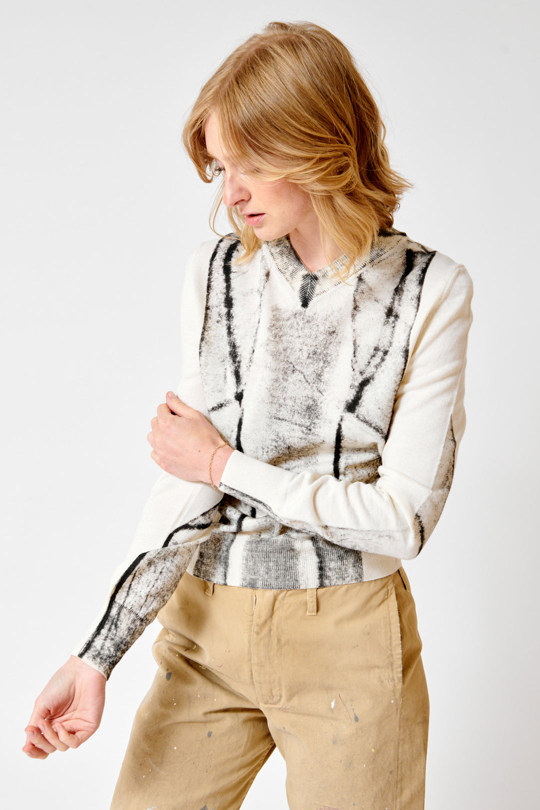 Madi wearing MM6 Maison Margiela Photo Copy Print V Neck Sweater front view