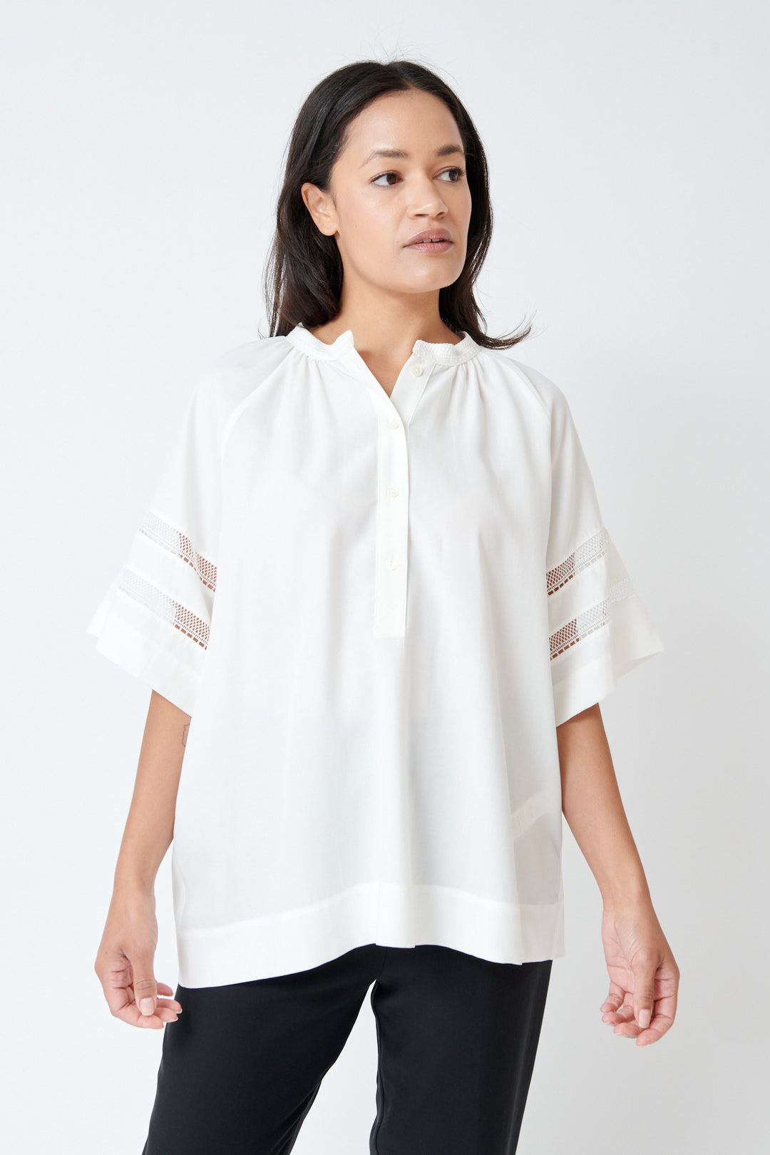 Amanda wearing SFIZIO Tea Cloth Tunic Top front view