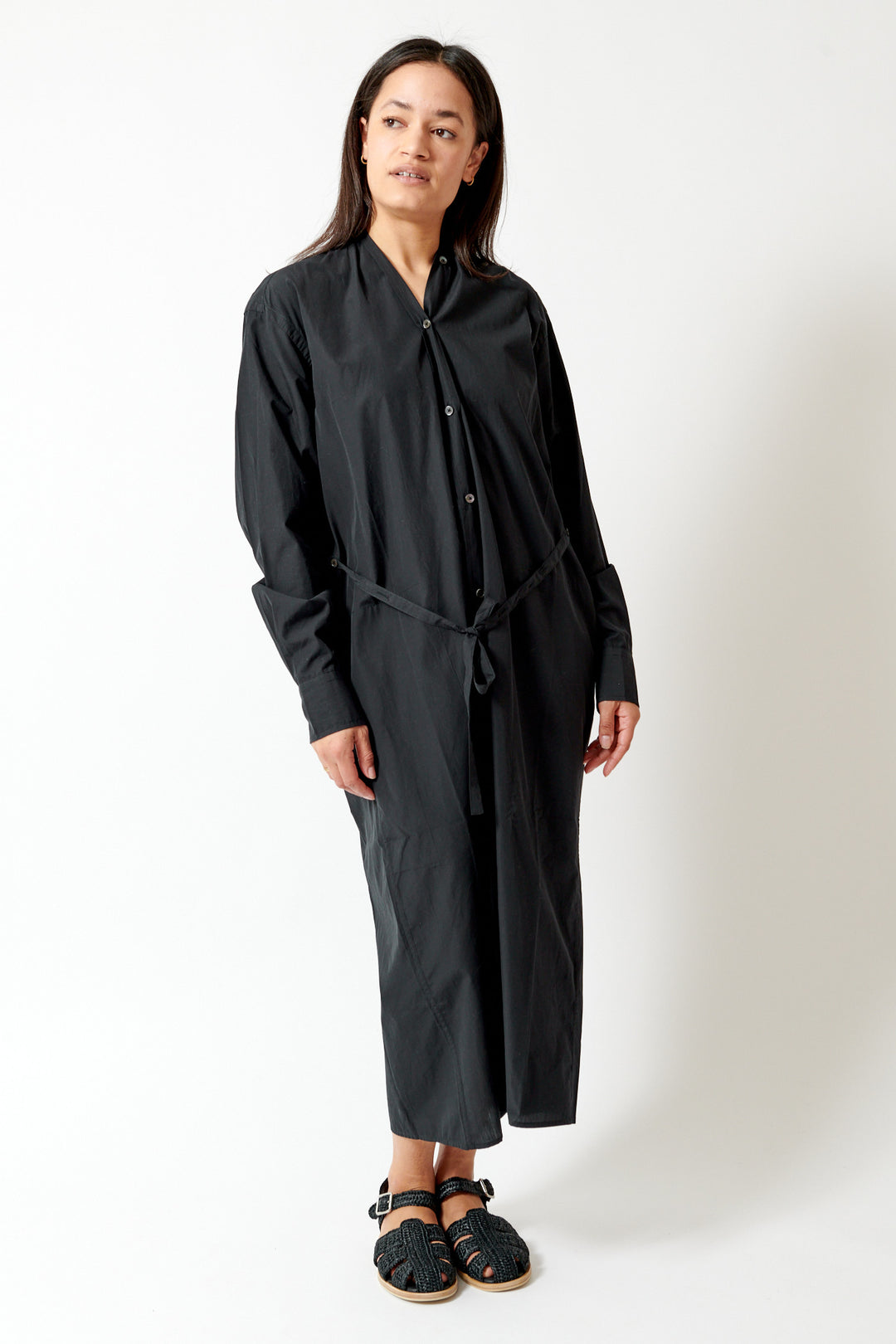 Amanda wearing 6397 Collarless Shirtdress front view