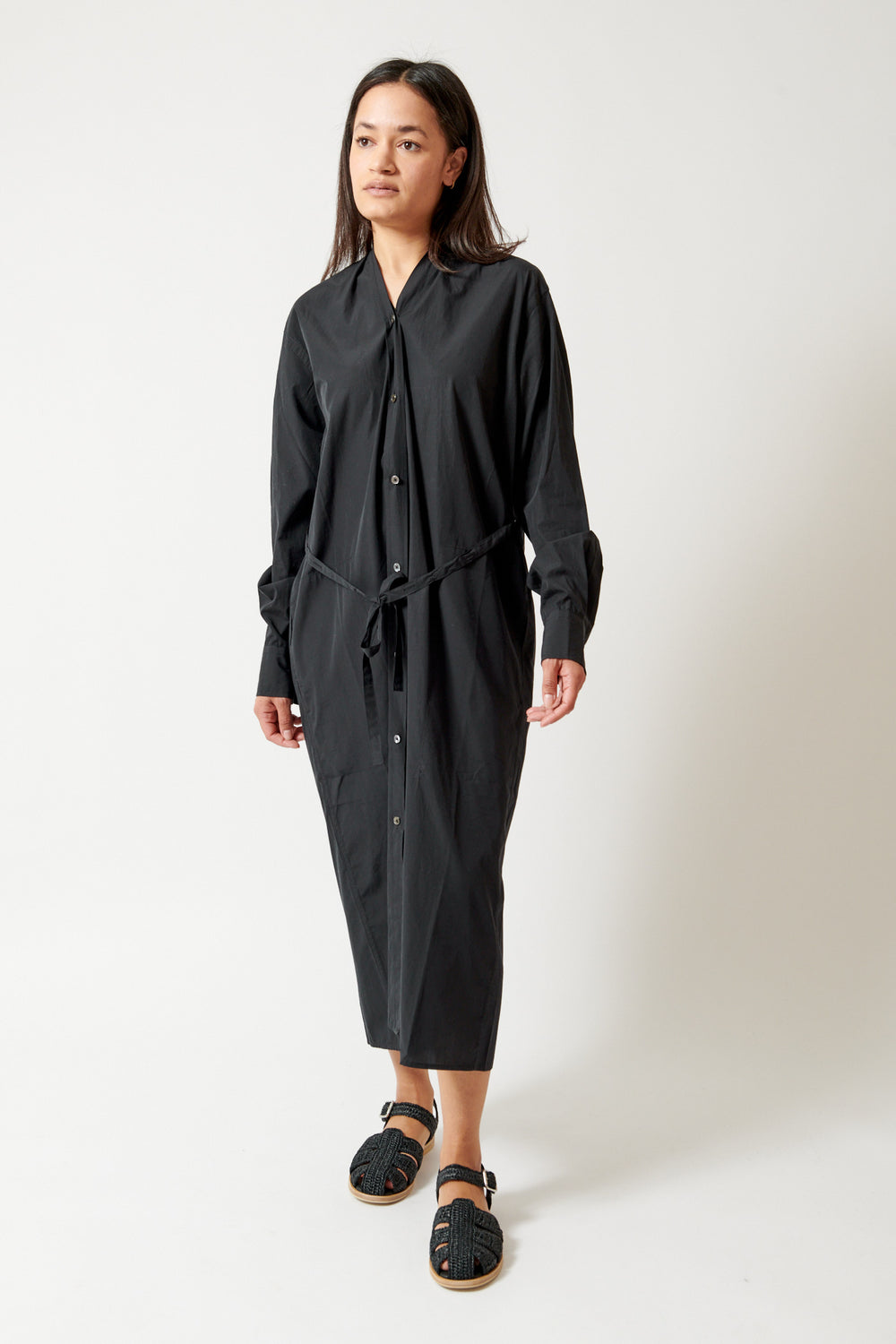 Amanda wearing 6397 Collarless Shirtdress front view