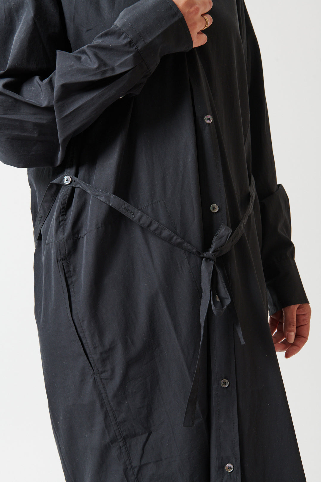 Amanda wearing 6397 Collarless Shirtdress detail front view