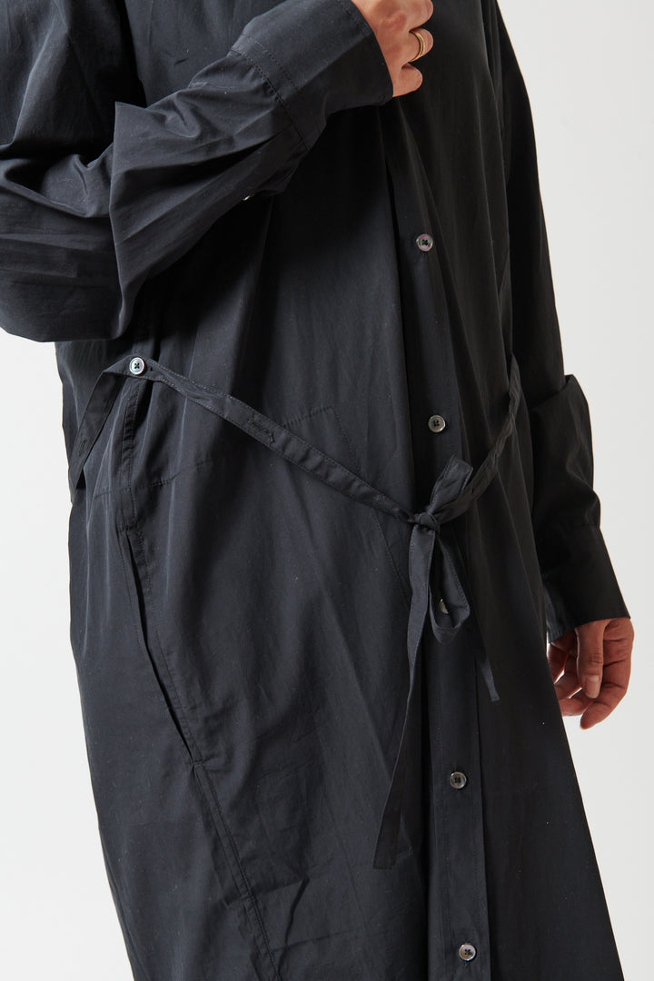 Amanda wearing 6397 Collarless Shirtdress detail front view