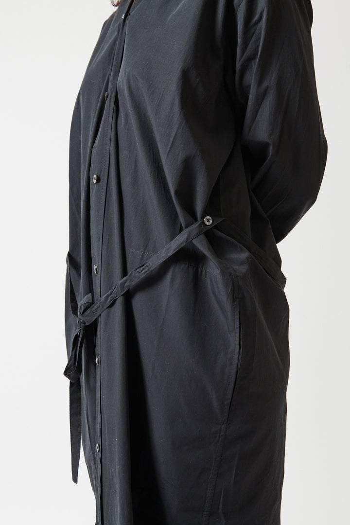 Amanda wearing 6397 Collarless Shirtdress detail front view