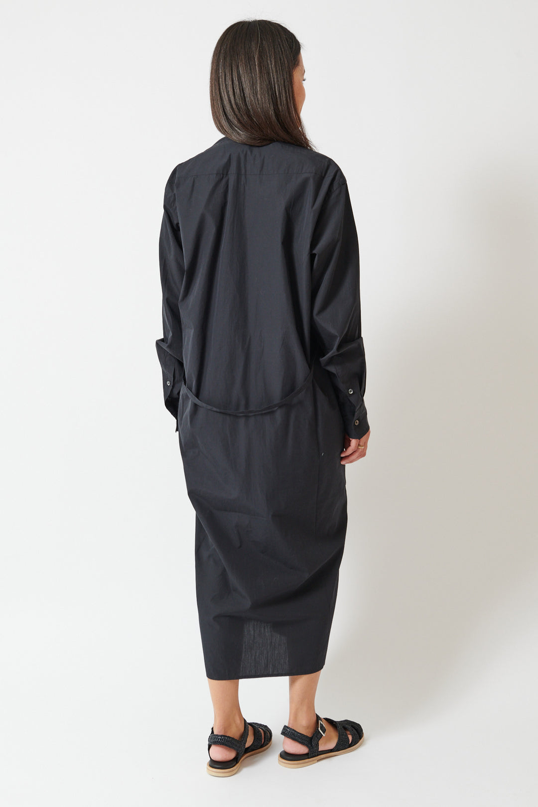 Amanda wearing 6397 Collarless Shirtdress rear view