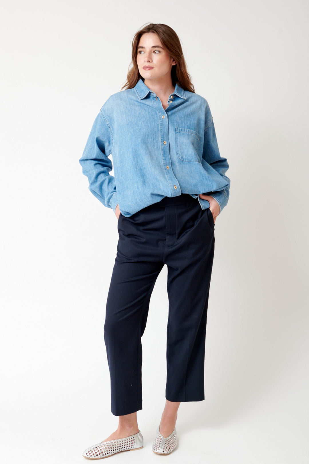 Julia wearing Jamie Haller The Waist Tape Trouser front view