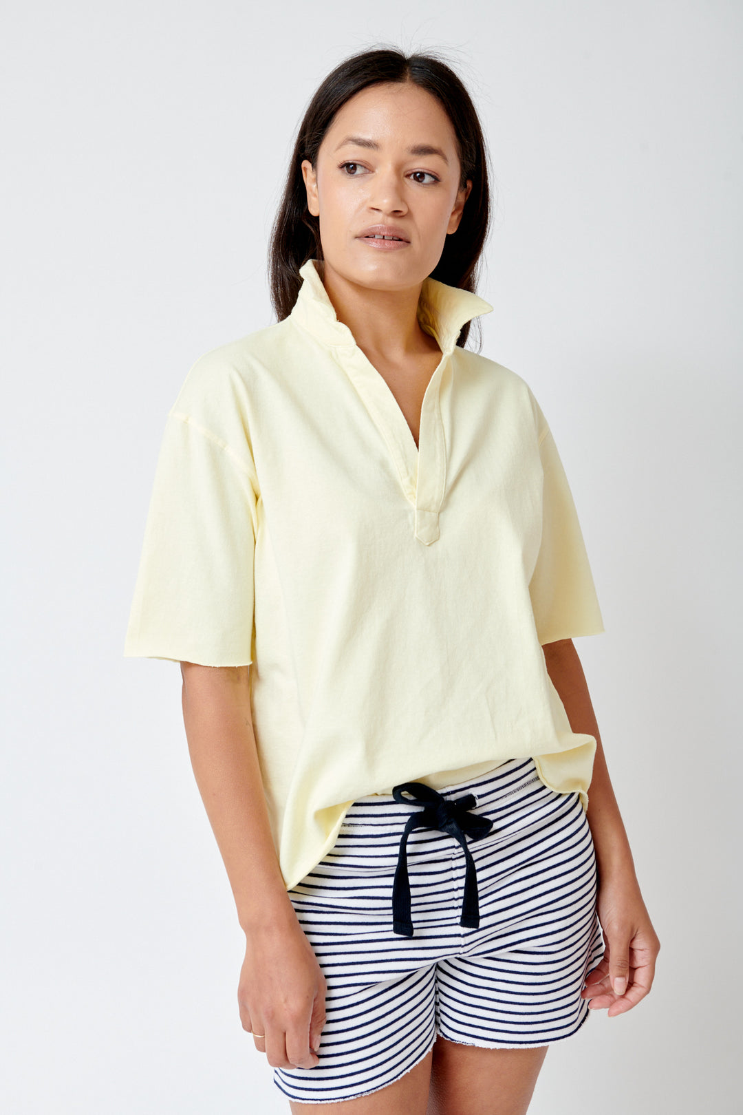 Amanda wearing Frank & Eileen Patty Popover Short Sleeve Henley front view