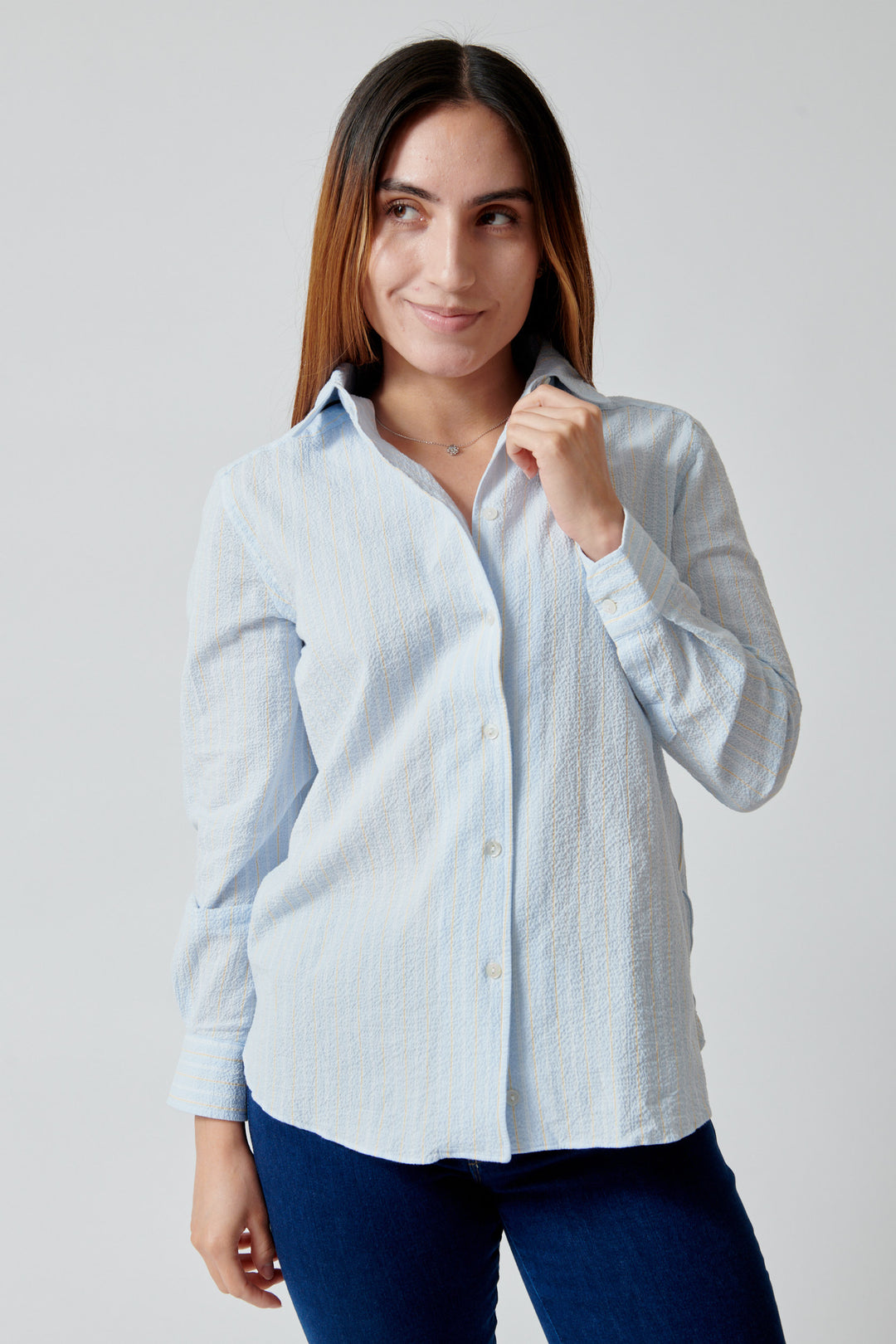 Maria wearing Giangi Rebecca Slightly Fitted Shirt front view
