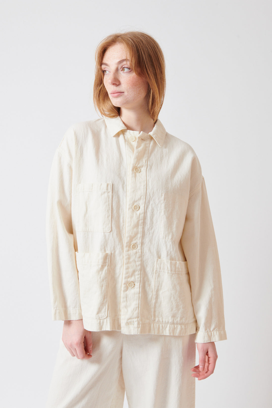 Waverly wearing Pas de Calais Cotton Linen Satin Coverall Jacket front view