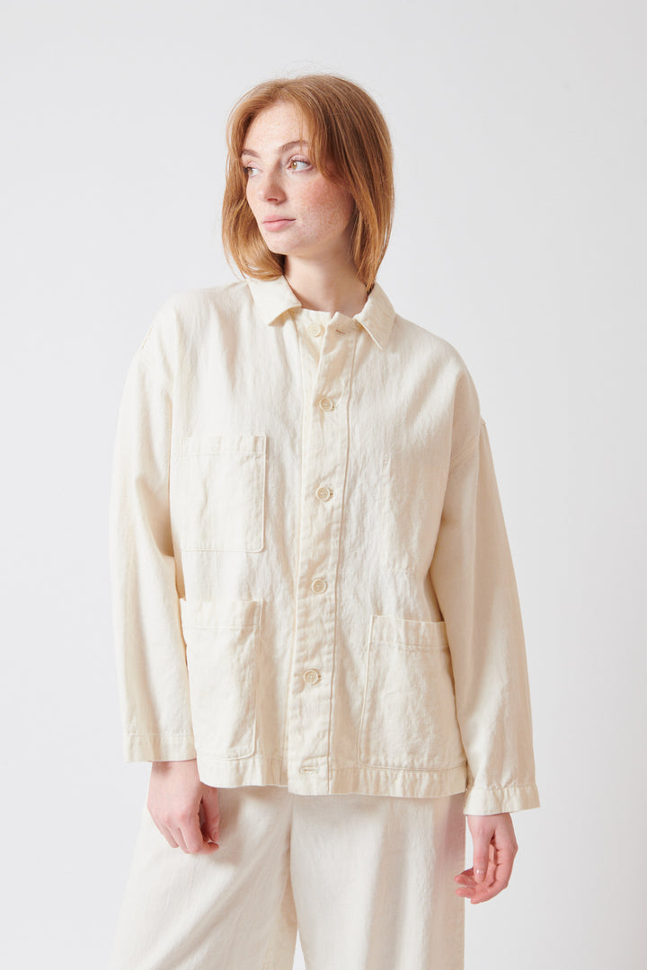 Waverly wearing Pas de Calais Cotton Linen Satin Coverall Jacket front view