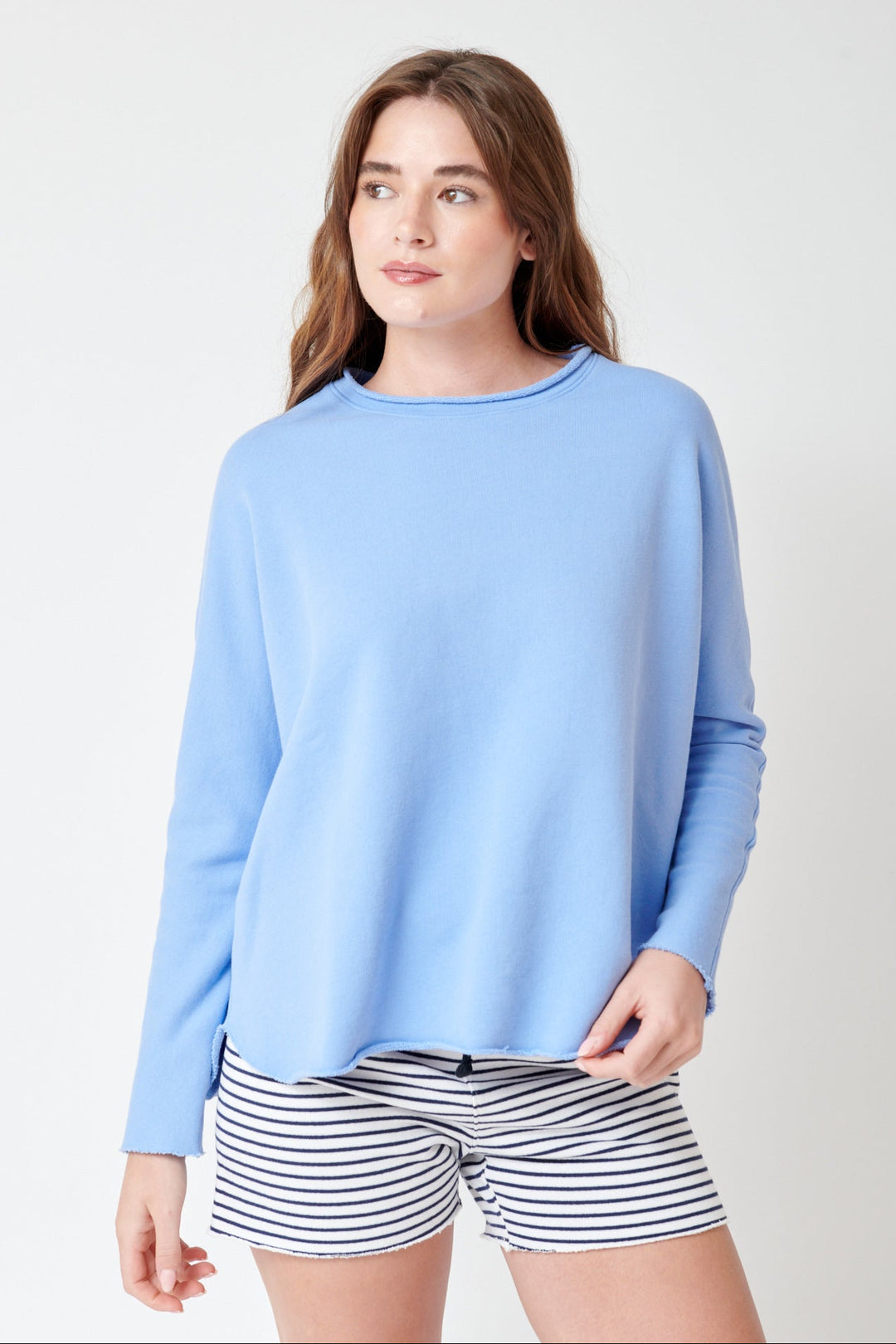 Julia wearing Frank & Eileen Anna Long Sleeve Capelet front view