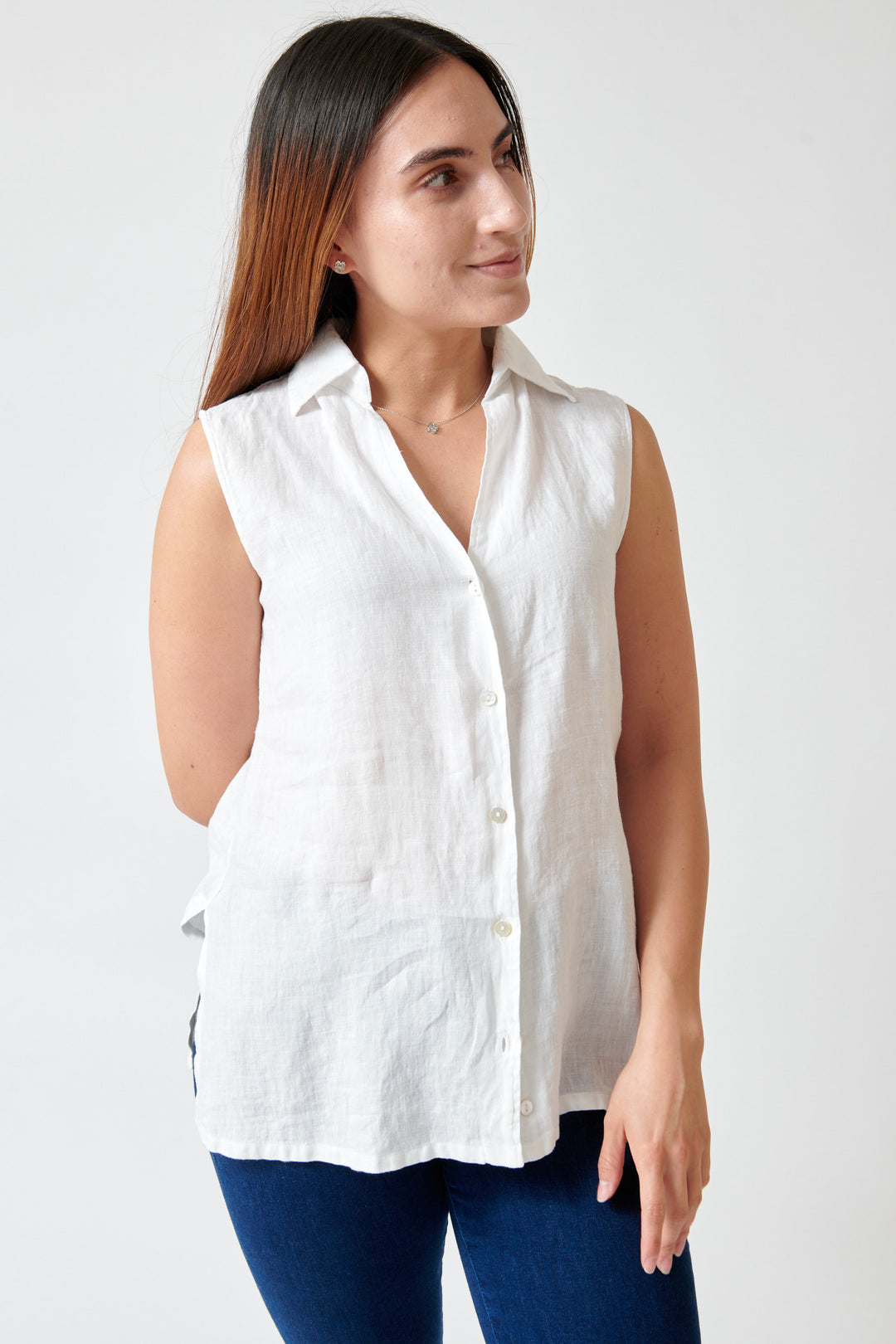 Maria wearing Giangi Betty Sleeveless Shirt front view