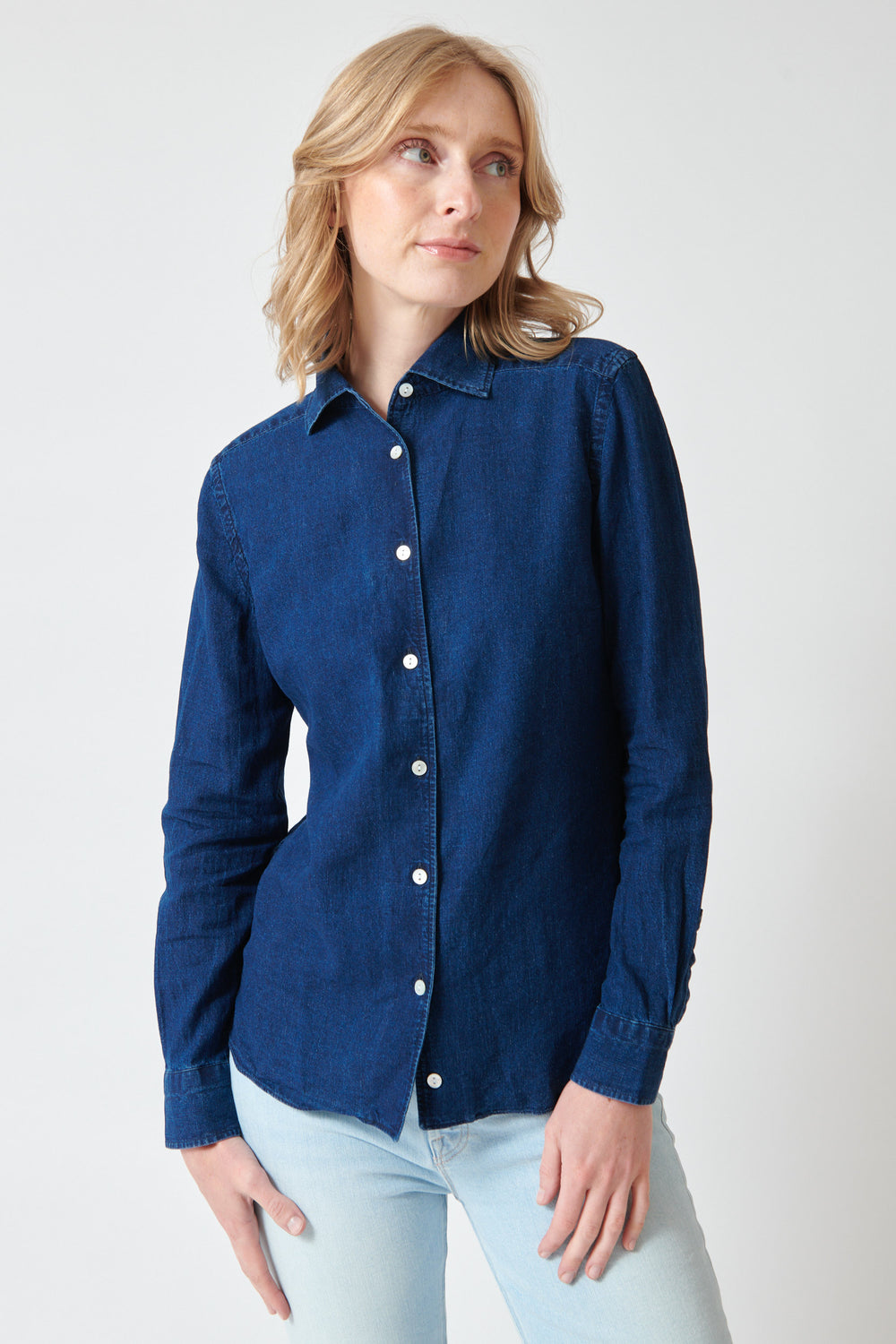 Madi wearing Giangi Rebecca Slightly Fitted Shirt front view