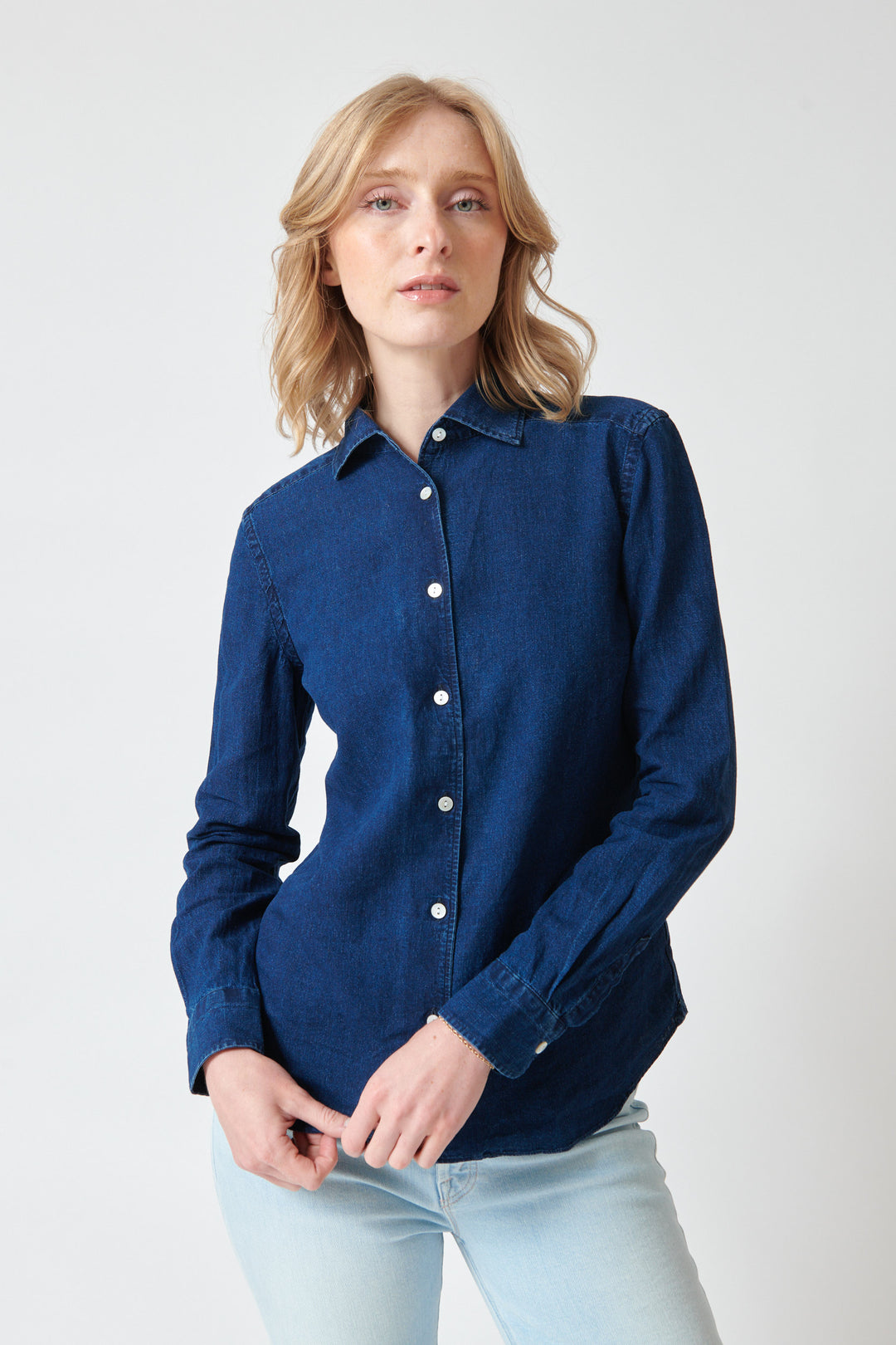 Madi wearing Giangi Rebecca Slightly Fitted Shirt front view