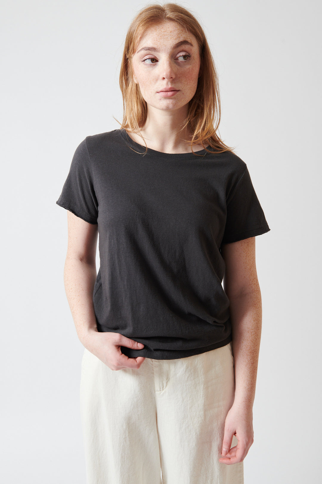 Waverly wearing Pas de Calais Recycled Cotton Crew Neck T Shirt front view