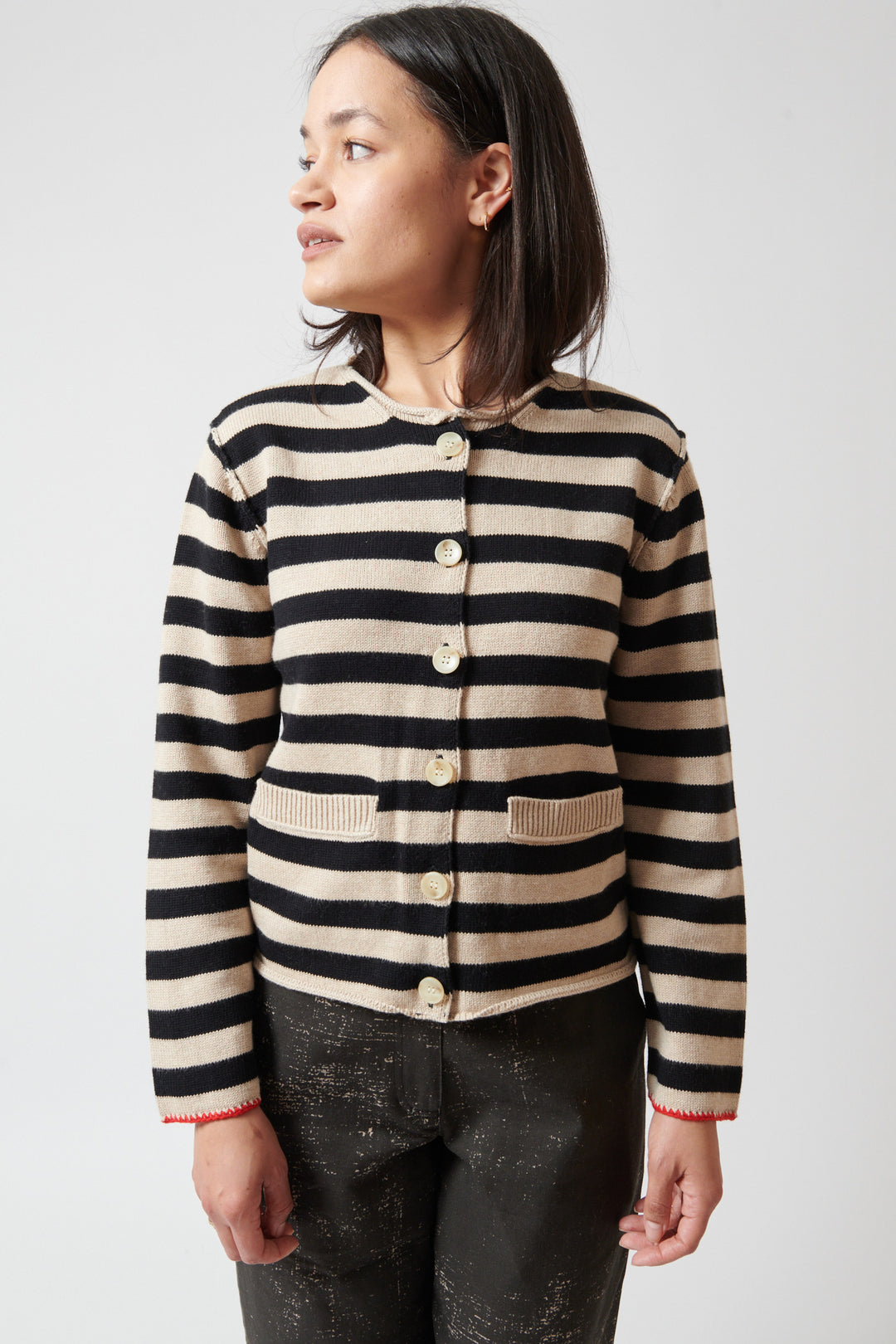 Amanda wearing Raquel Allegra Ferris Cardigan front view