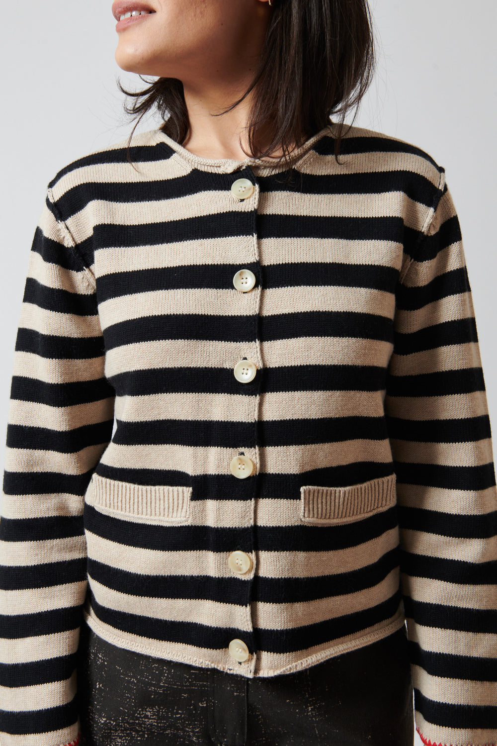 Amanda wearing Raquel Allegra Ferris Cardigan front view