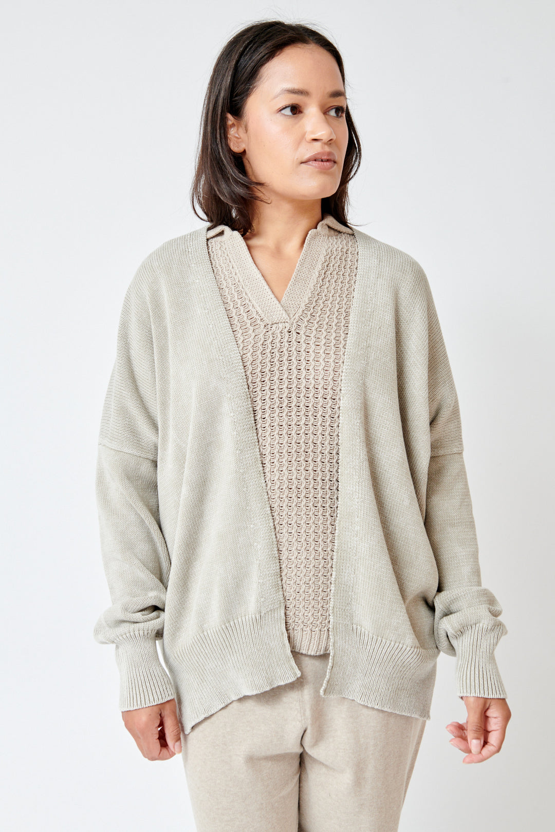 Amanda wearing Lauren Manoogian Fade Cardigan front view