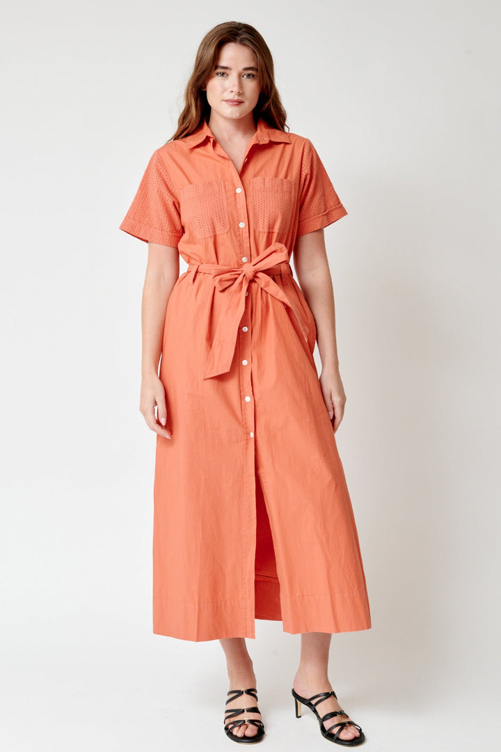 Julia wearing Lilla P Eyelet Trim Maxi Shirt Dress front view