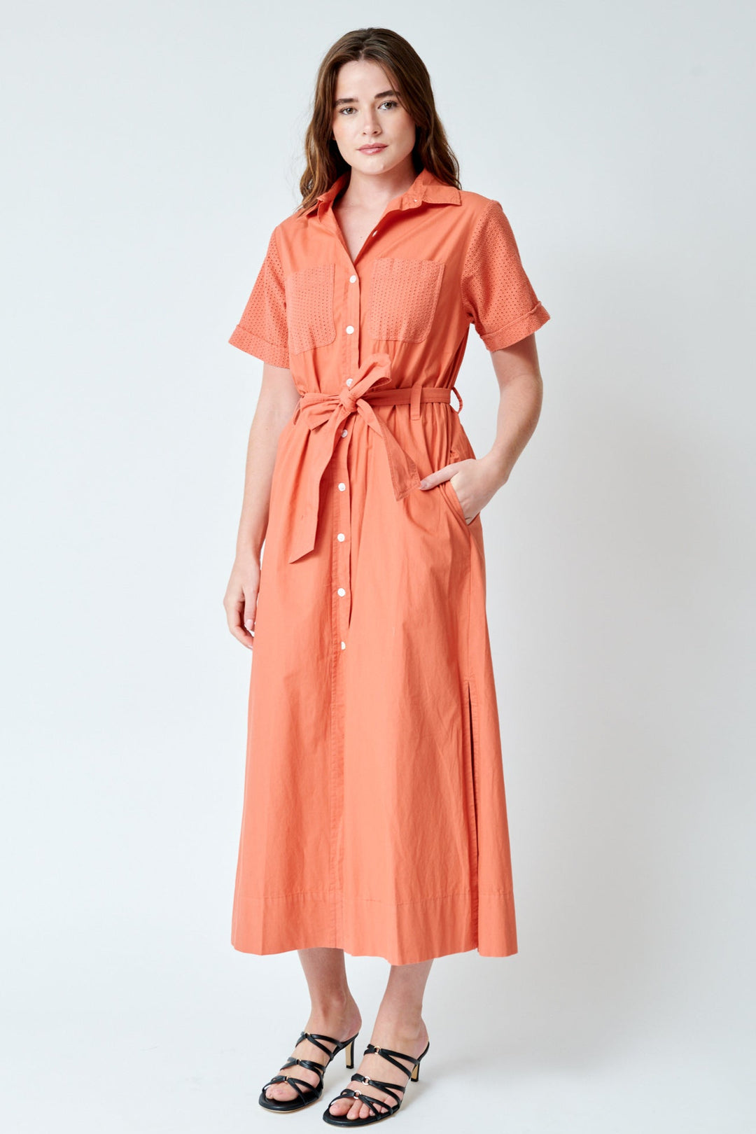 Julia wearing Lilla P Eyelet Trim Maxi Shirt Dress front view