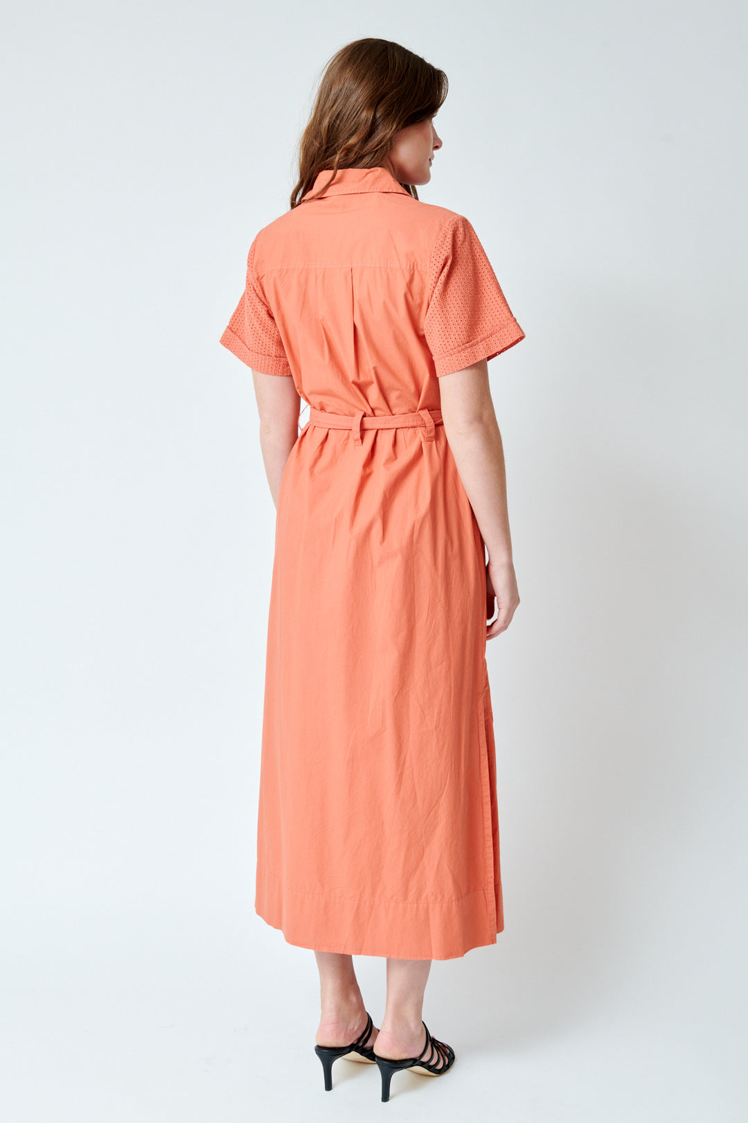 Julia wearing Lilla P Eyelet Trim Maxi Shirt Dress rear view