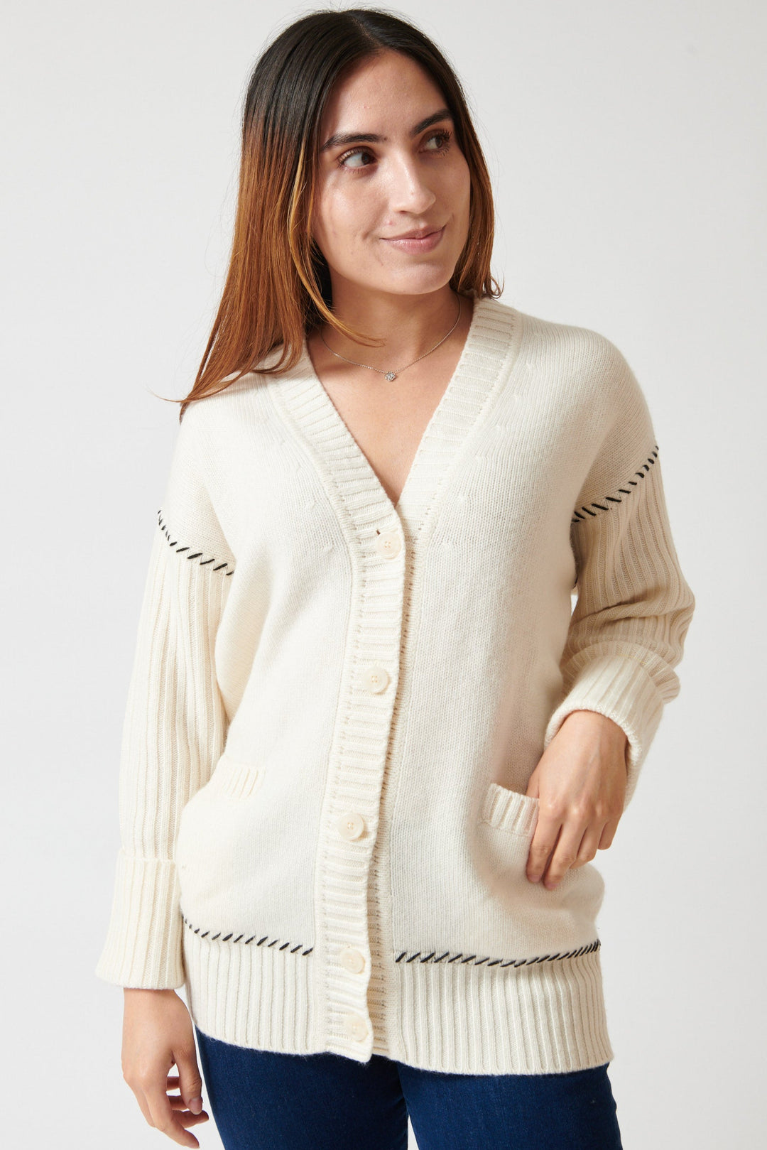 Maria wearing KUJTEN Tam Stitched Cardigan front view