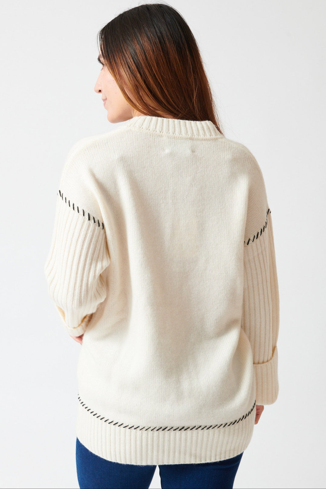 Maria wearing KUJTEN Tam Stitched Cardigan rear view