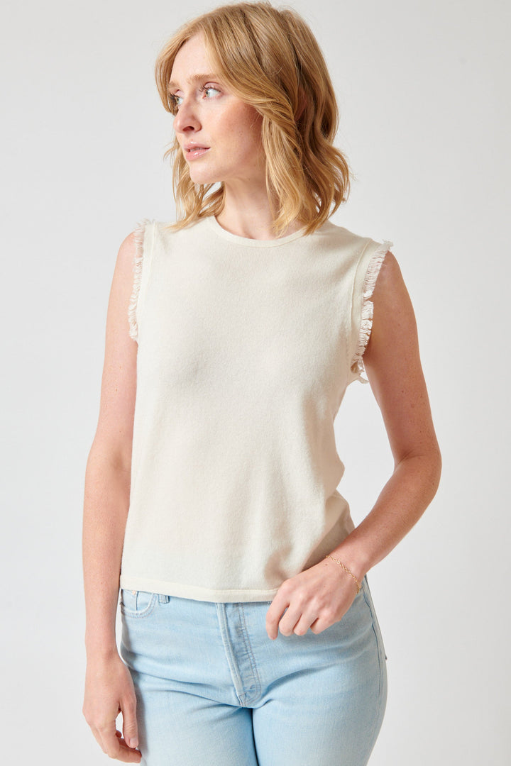 Madi wearing KUJTEN Lallu Knit Fray Tank front view