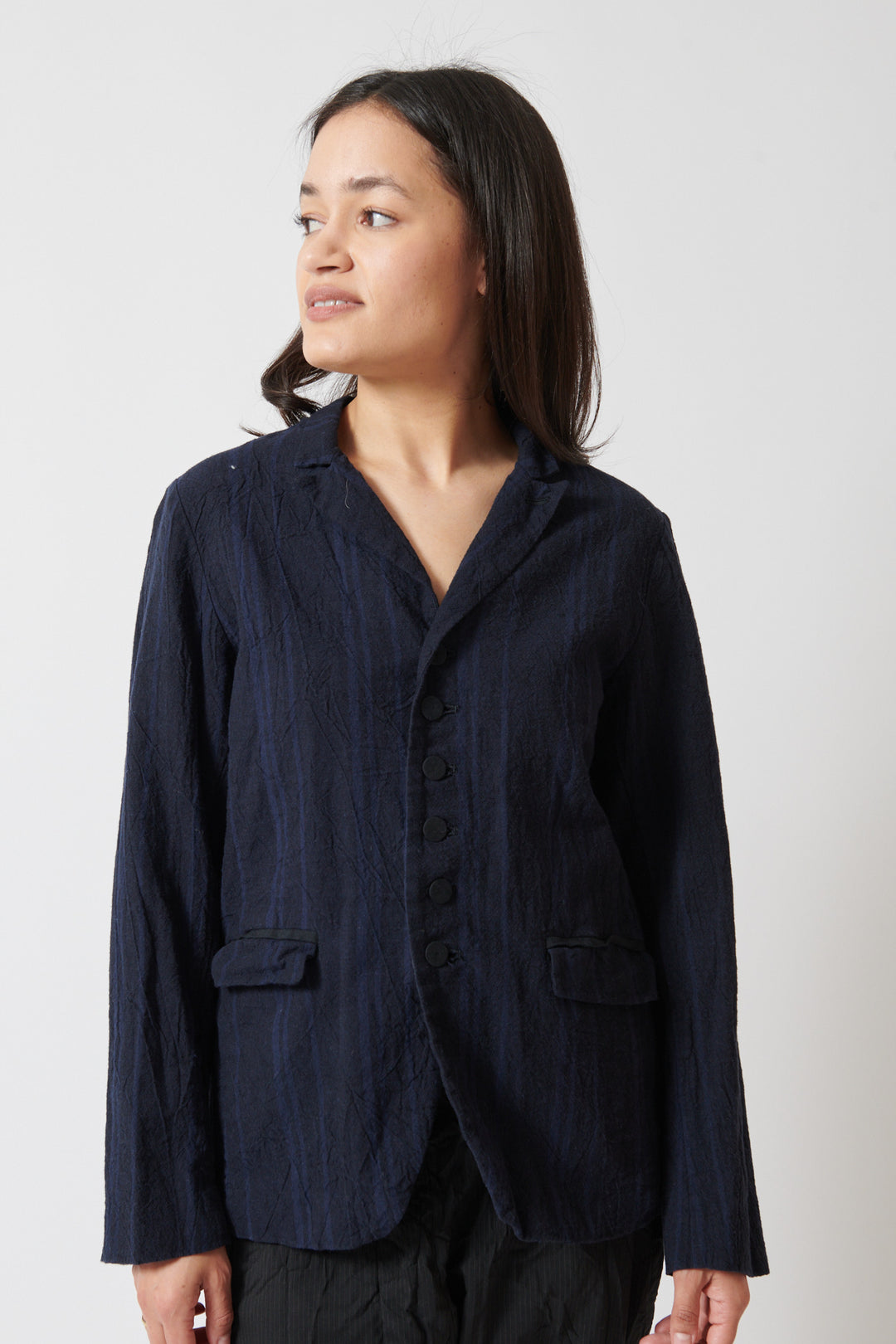 Amanda wearing Pas de Calais Linen Cotton Yarn Dyed Random Stripe Jacket  front view