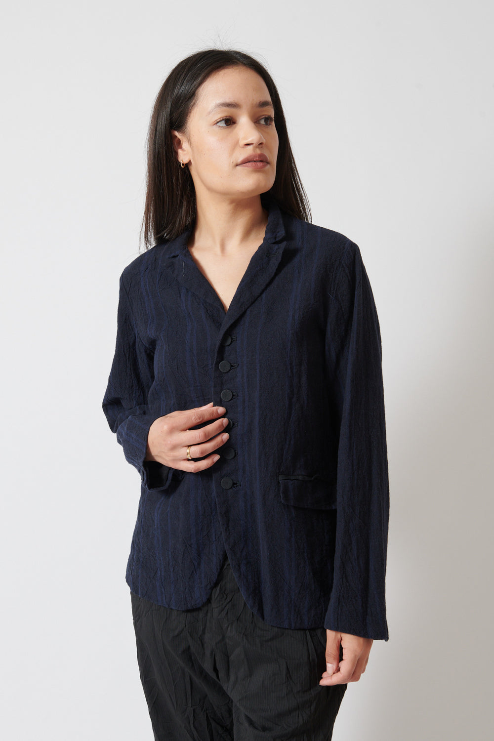 Amanda wearing Pas de Calais Linen Cotton Yarn Dyed Random Stripe Jacket  front view