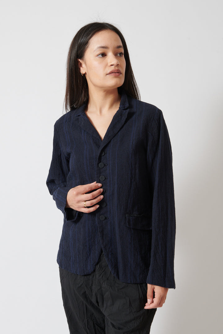 Amanda wearing Pas de Calais Linen Cotton Yarn Dyed Random Stripe Jacket  front view