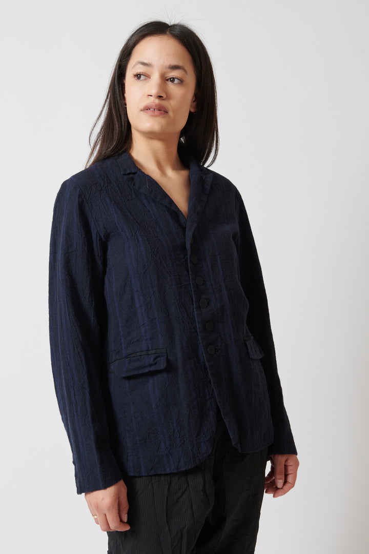 Amanda wearing Pas de Calais Linen Cotton Yarn Dyed Random Stripe Jacket  front view
