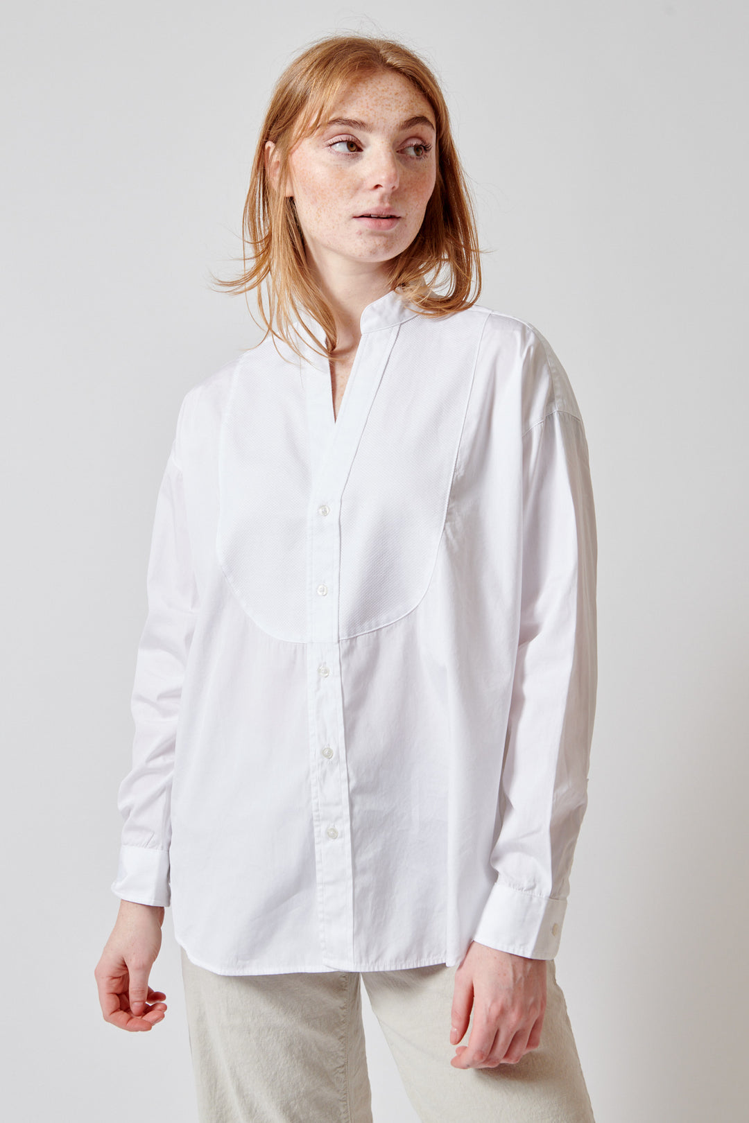 Waverly wearing Frank & Eileen Victoria Collarless Button Down Shirt front view