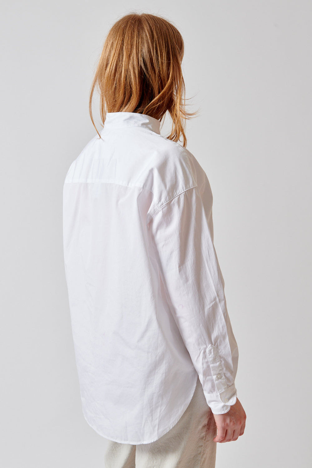Waverly wearing Frank & Eileen Victoria Collarless Button Down Shirt rear view