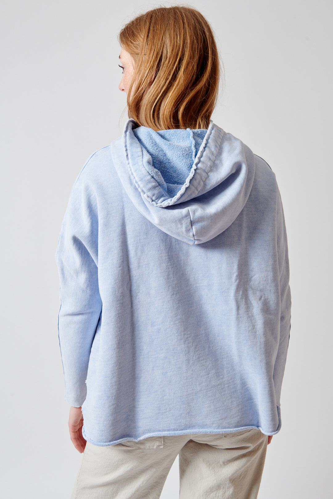 Waverly wearing Frank & Eileen Kane Capelet Hoodie rear view