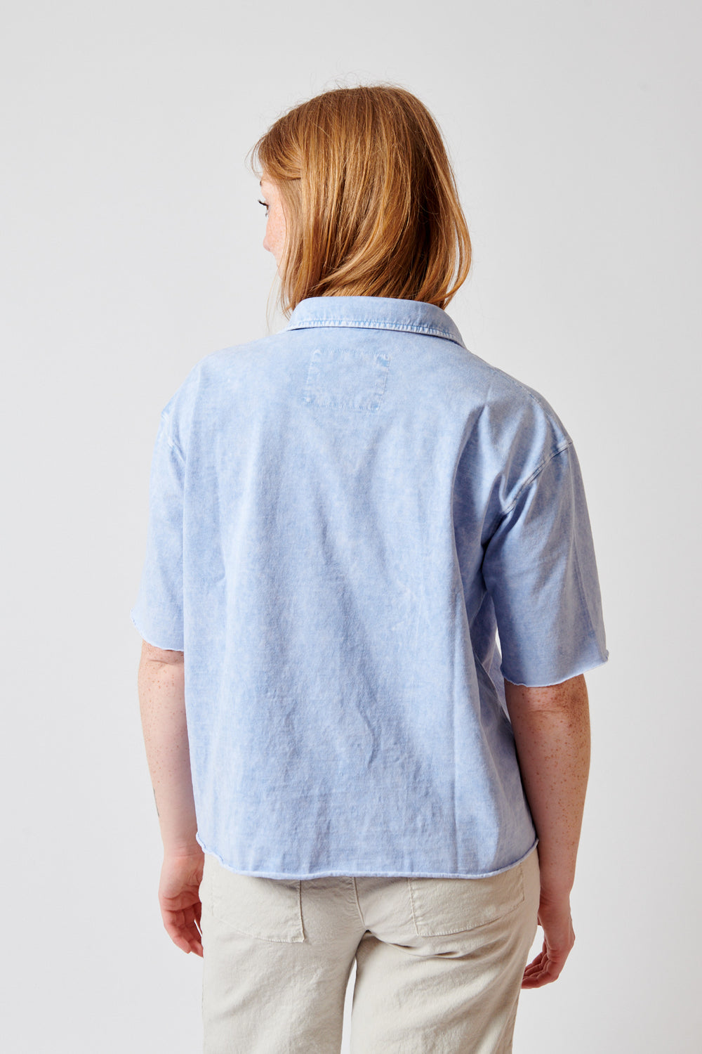 Waverly wearing Frank & Eileen Patty Popover Short Sleeve Henley rear view