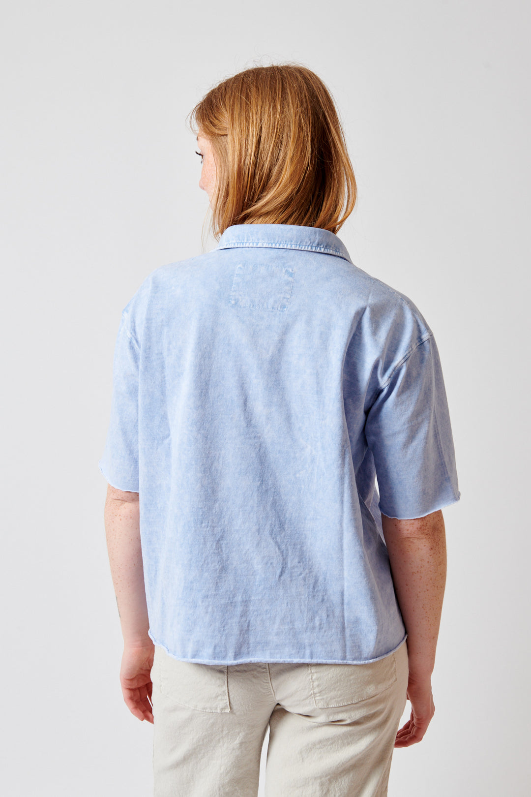 Waverly wearing Frank & Eileen Patty Popover Short Sleeve Henley rear view