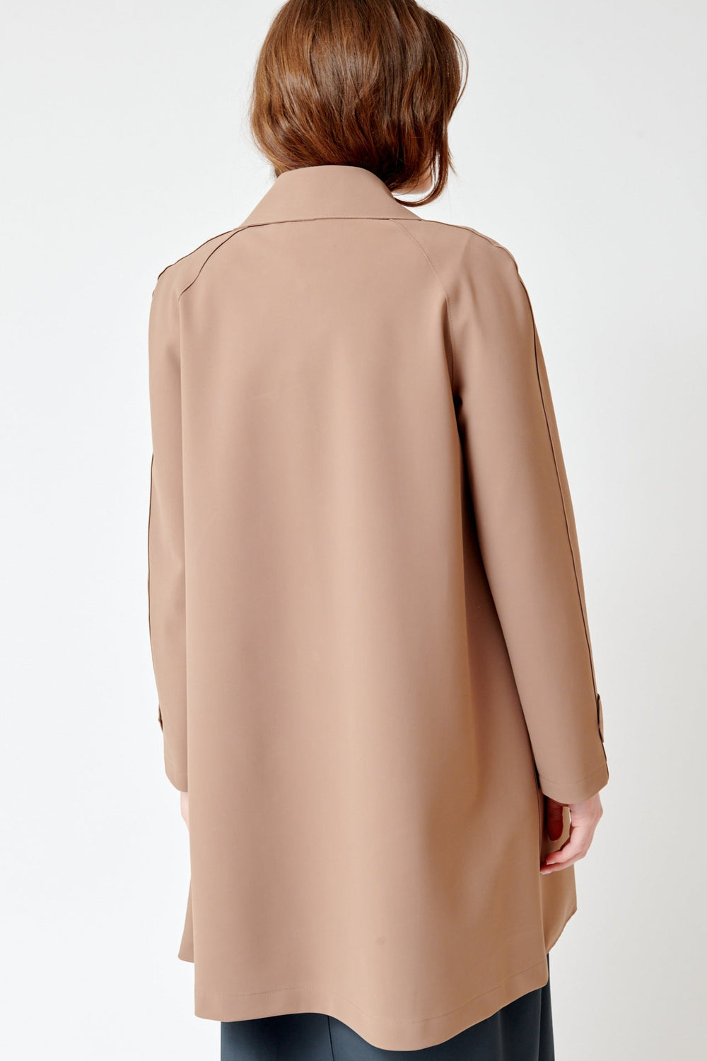 Julia wearing Harris Wharf Mac Scuba Trench rear view