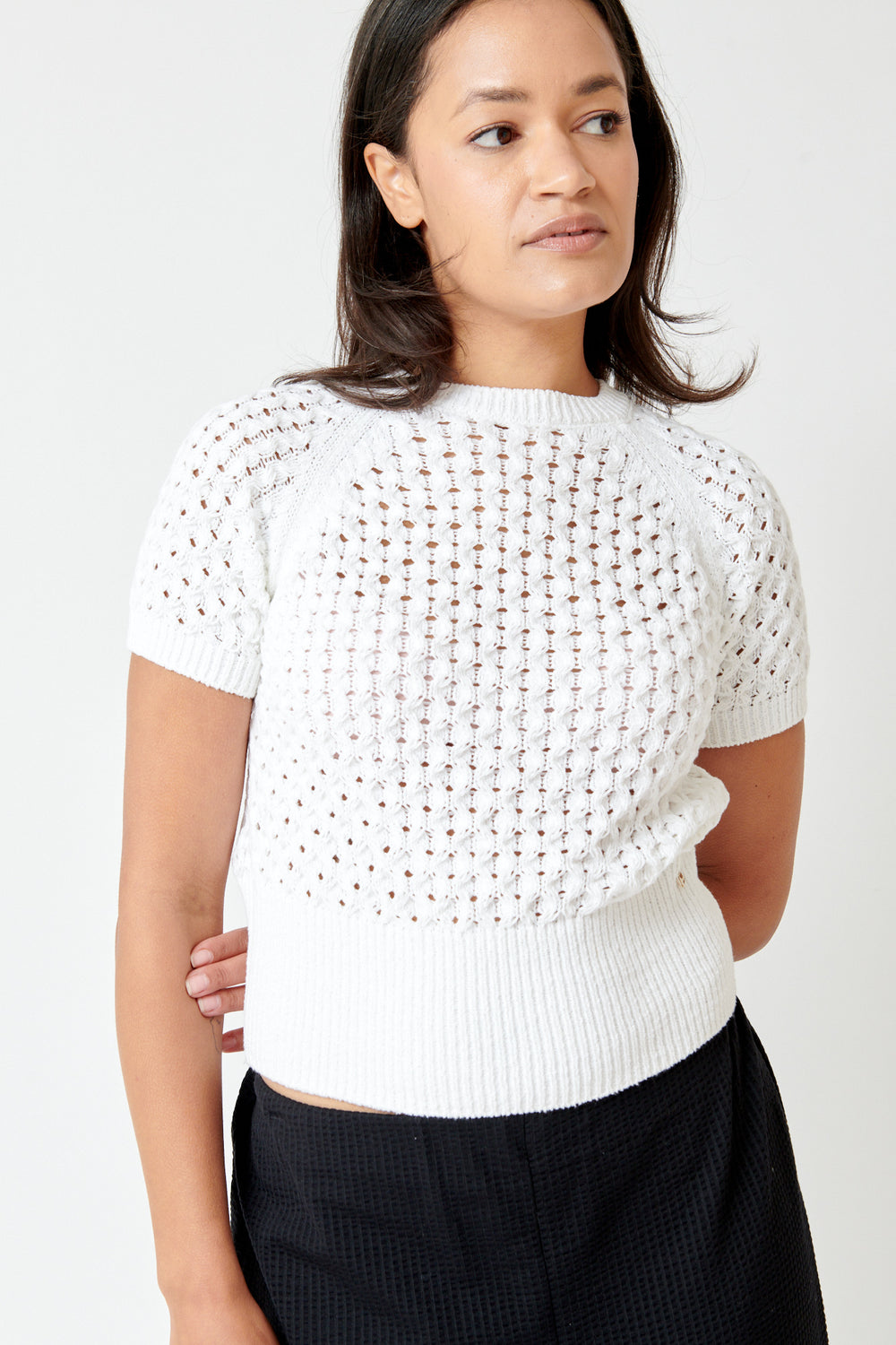 Amanda wearing Herno Crochet Effect Short Sleeve Top front view